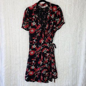 Style & Co Wrap Dress Size 14 Black Red Floral Contrast Lining Short Cap Sleeve